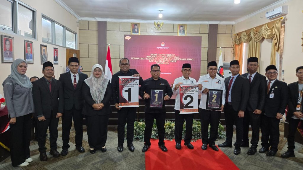 KPU Kutai Timur menggelar pengundian nomor urut pasangan calon bupati dan wakil bupati Kutai Timur di aula sekretariat KPU Kutim, Senin(23/9/2024).