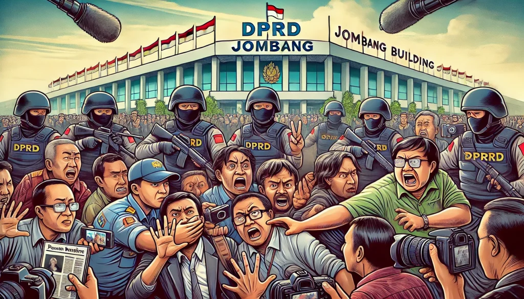 Ilustrasi pembatasan wartawan dalam peliputan di depan gedung DPRD Jombang (Ilustrasi by AI)