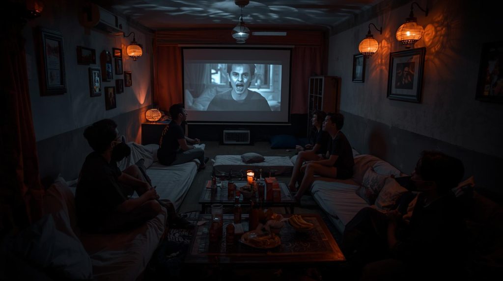 10 Film Lokal dan Tips Watch Party Hemat & Legal Malam suram watch party para mahasiswa. (Pict: AI-Rich)