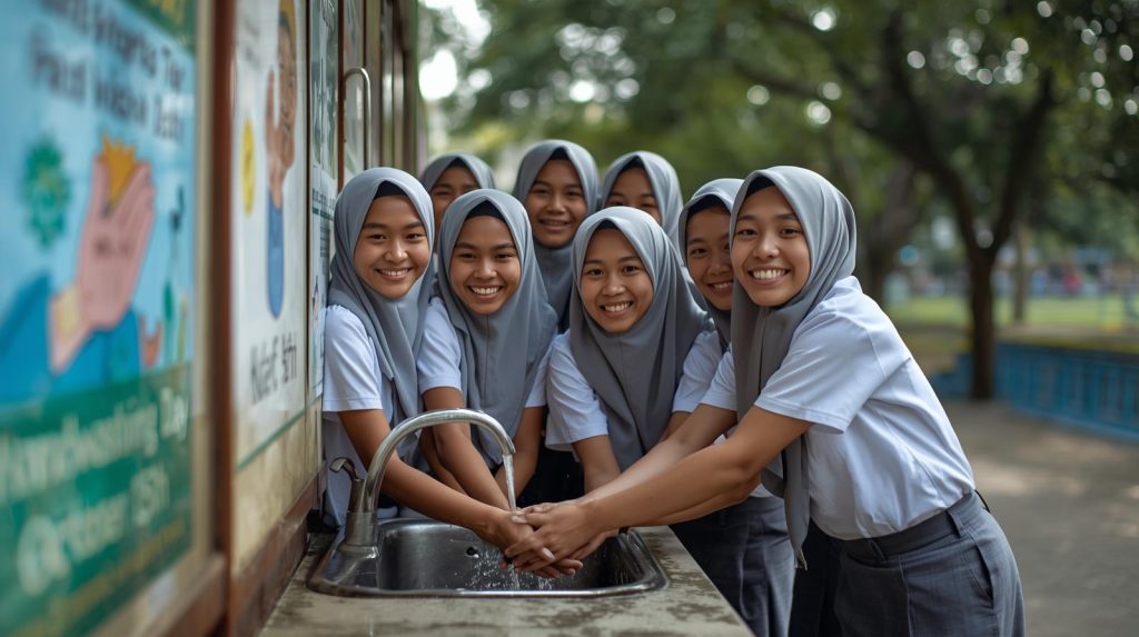 Kampanye cuci tangan bernama "WASH" di lingkungan sekaloah. (Pict: AI-Rich)