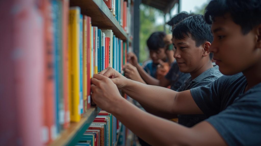 Anak-anak kampung yang berbondong-bondong meminjam buku di rak buku kampung. (Pict: AI-Rich)