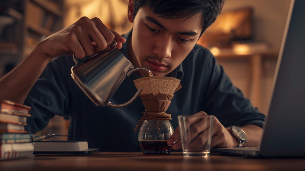 Mahasiswa yang menyeduh kopi di kos-an dengan cara manual. (Pict: AI-Rich)