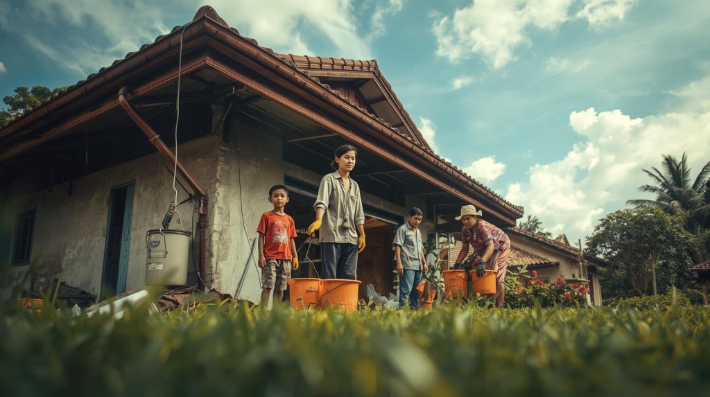 Rumah Siap Musim Hujan & Sehat Tanpa DBD Potret keluarga yang menjaga lingkungan ketika musim hujan melanda. (Pict: Ai-Rich)