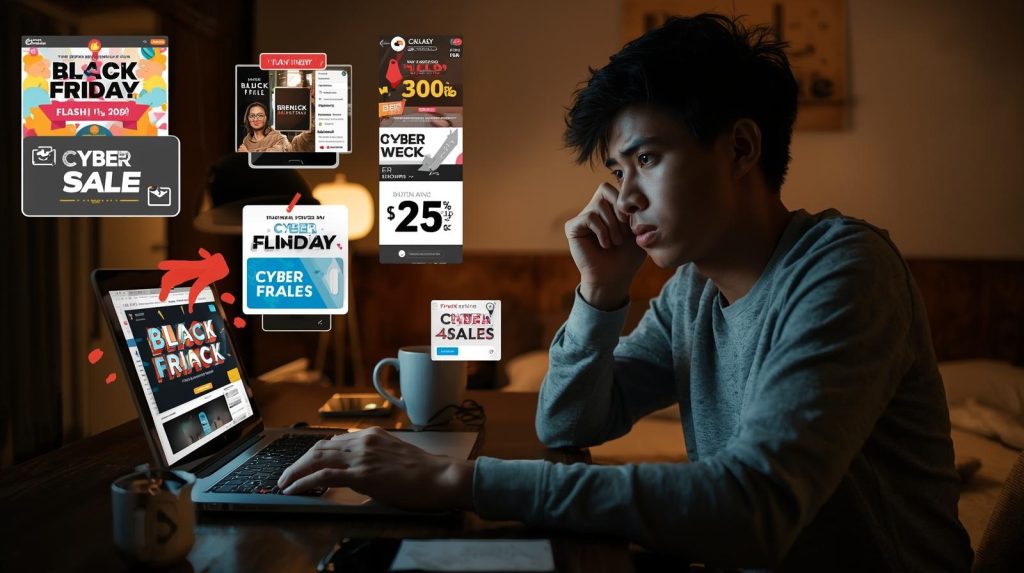 Black Friday & Cyber Week, Masih Relevan? Ilsutrasi konsumen yang belanja dengan cermat dan cerdas. (Pict: AI-Rich)