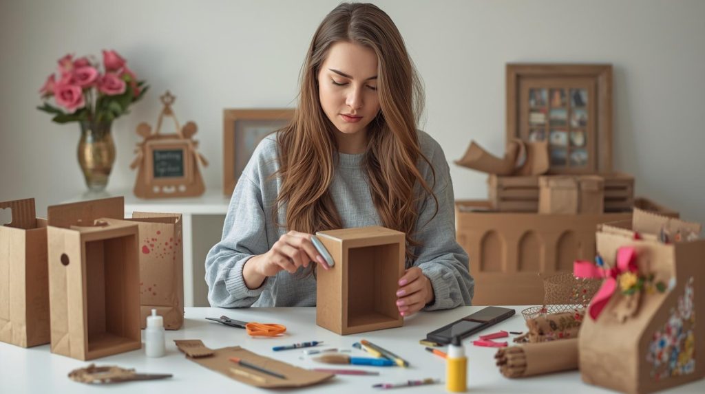 Wanita yang manfaatkan limbah kardus dari paket belanja online. (Pict: AI-Rich)