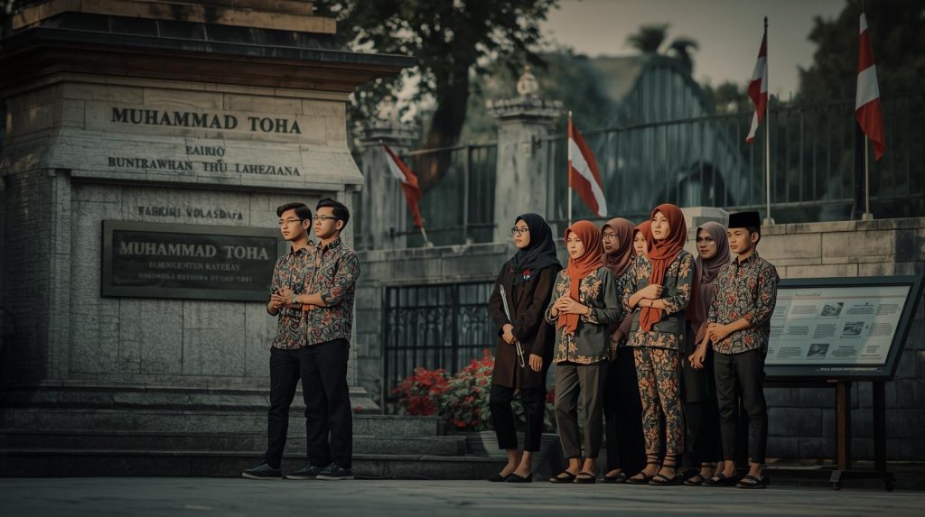Ilustrasi sekelompok orang yang datang berziarah ke makam Muhammad Toha, yang mengedepankan etika berziarah. (Pict: AI-Rich)