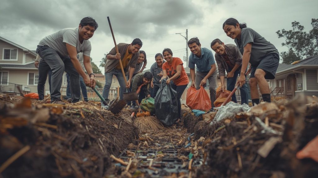 Gotong Royong Saluran Air: Checklist Pra-Puncak Hujan Potret para warga yang bergotong royong membersihkan saluran air yang terhambat guguran daun. (Pict: AI-Rich)