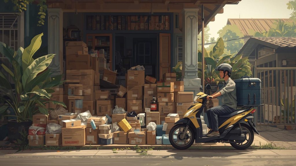 Jejak Karbon di Balik “Check Out” Online Ilustrasi tumpukan sampah karbon dari plastik wadah paket. (Pict: AI-Rich)