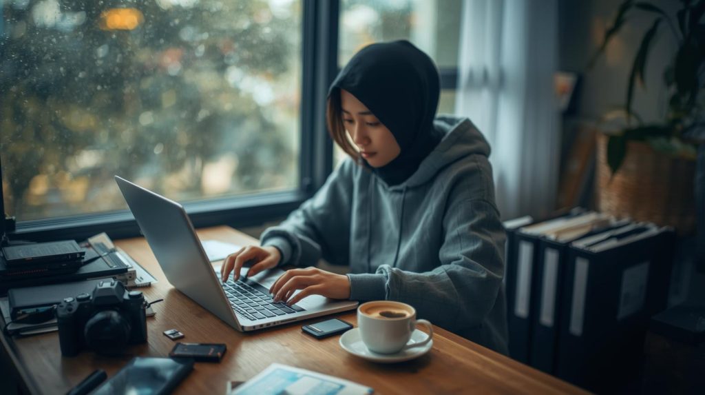 Seorang jurnalis yang memanage arsip foto dan video liputan ke laptop. (Pict: AI-Rich)