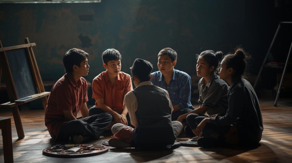 Para siswa SMA yang menyiapkan panggung teater dengan tema "Satu Panggung, Banyak Cerita". (Pict: AI-Rich)