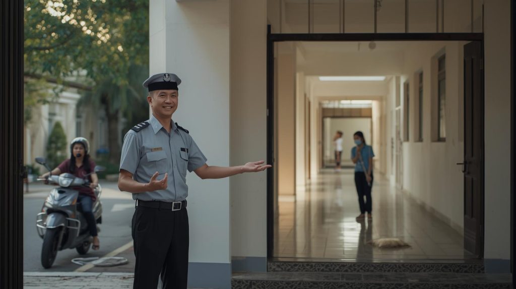 Potret satpanm dan cleaning service di sebuah universitas. (Pict: AI-Rich)