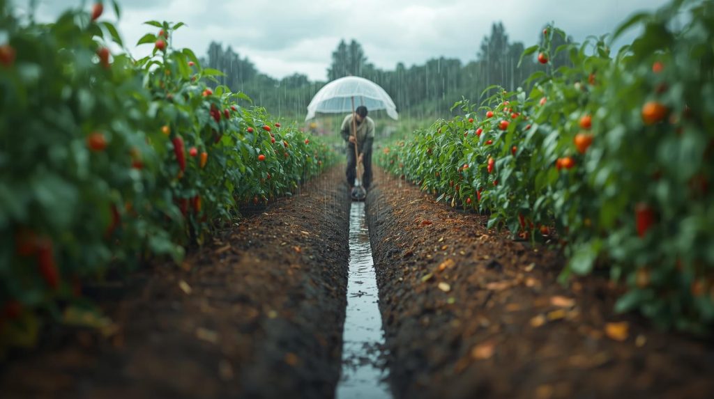 Petani Sayur Hadapi Hujan Ekstrem: Adaptasi Lahan & Teknologi Murah yang Manjur Potret petani yang hadapi hujan ekstrem dan mengadaptasikan lahan pertaniannya. (Pict: AI-Rich)