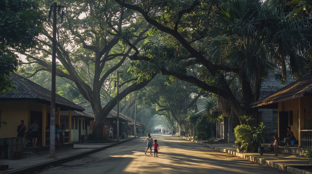 Ilustrasi pohon teduh yang mengganggu kabel listrik yang harus di tebang sebagian batangnya. (Pict: AI-Rich)