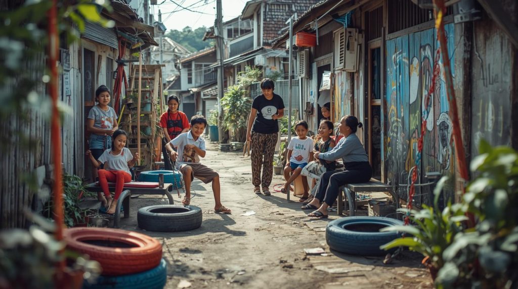 Ilustrasi ruang bermain anak di tengah gang buntu hasil inovasi warga sekitar. (Pict: AI-Rich)