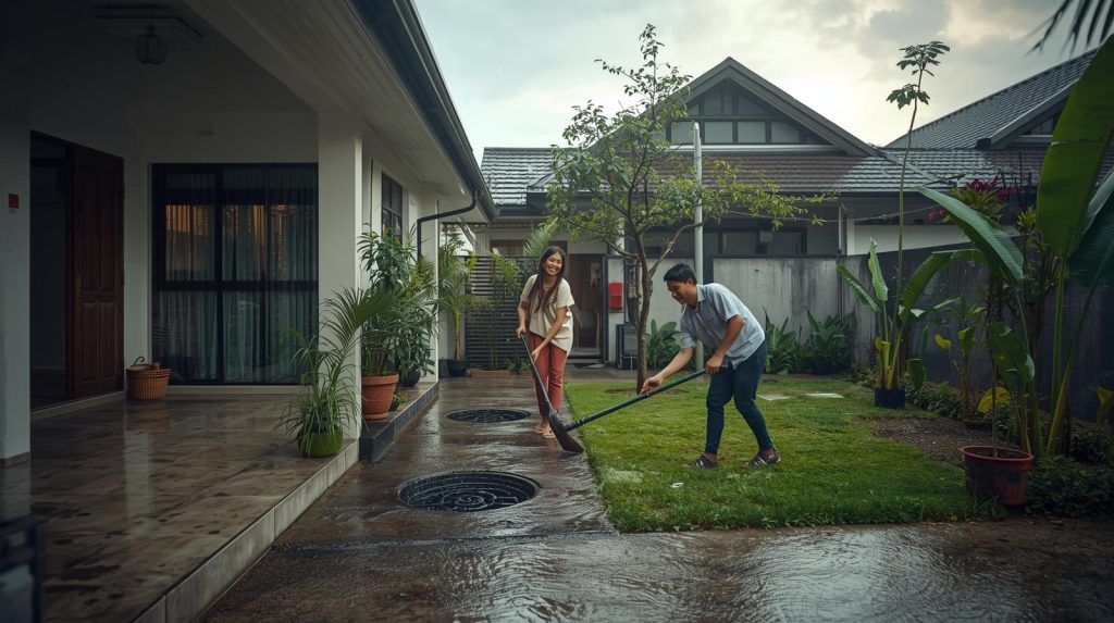 10 Langkah Kecil Kurangi Risiko Banjir dari Rumah Sendiri Ilustrasi pencegahan resiko banjir mulai dari rumah bersama keluarga. (Pict: AI-Rich)