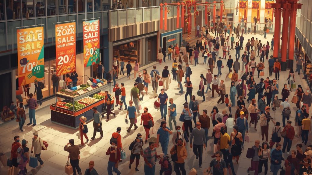 Ilustrasi sebuah Mall yang dipenuhi para pemburu diskon yang menjadi penyebab ketimpangan sosial. (Pict: AI-Rich)