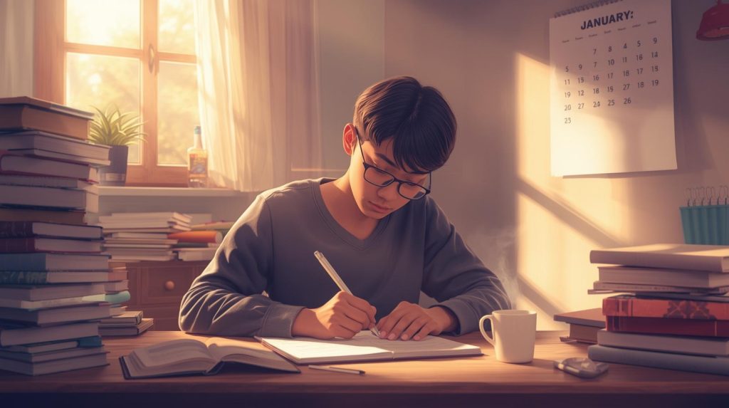 Ilustrasi seorang yang sedang menulis resolusi tahun baru dalam sebuah buku. (Pict: AI-Rich)