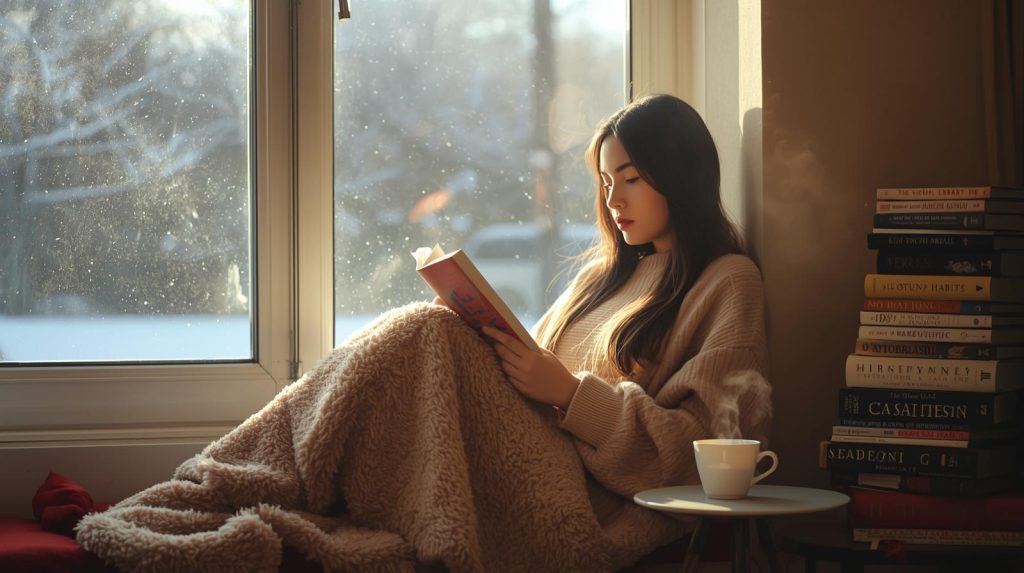 Potret seorang wanita yang redang membaca buku saat hujan salju turun. (Pict: AI-Rich)