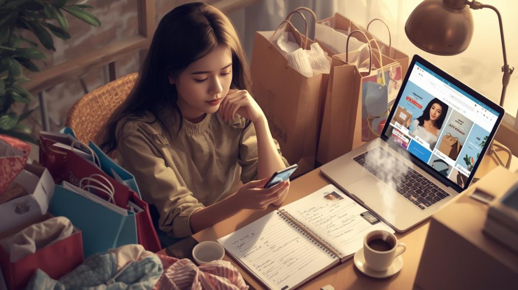 Cara Belanja Diskon Akhir Tahun Tanpa Boncos dan Menyesal Ilustrasi wanita yang menyesal setelah boncos dalam berbelanja di akhir tahun. (Pict: AI-Rich)
