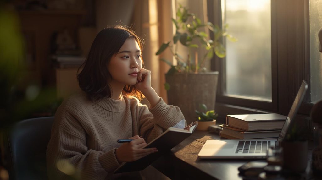 Ilustrasi refleksi akhir tahun seorang mahasiwa wanita di sebuah kamar. (Pict: AI-RIch)