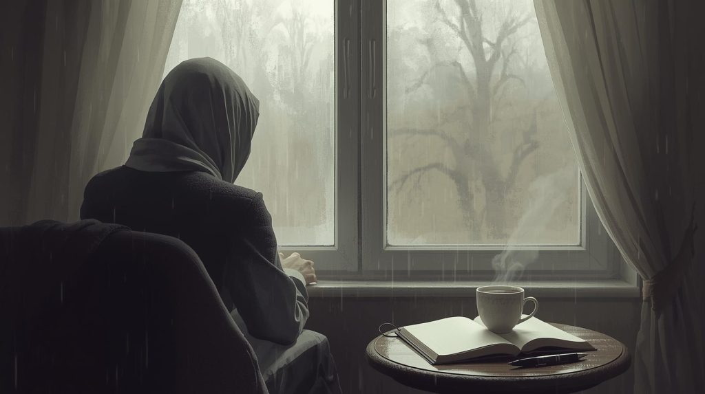 Ilustrasi seorang wanita yang sedang merenung saat turun hujan. (Pict: AI-Rich)
