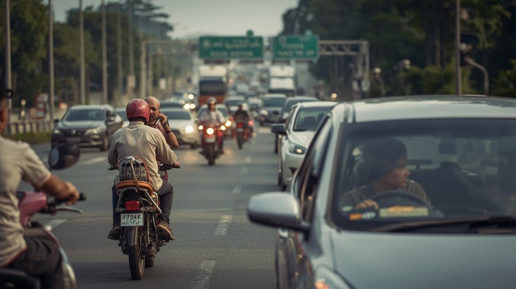 Ilustrasi jalanan sibuk penuh pengendara paham etika berkendara. (Pict: AI-Rich)