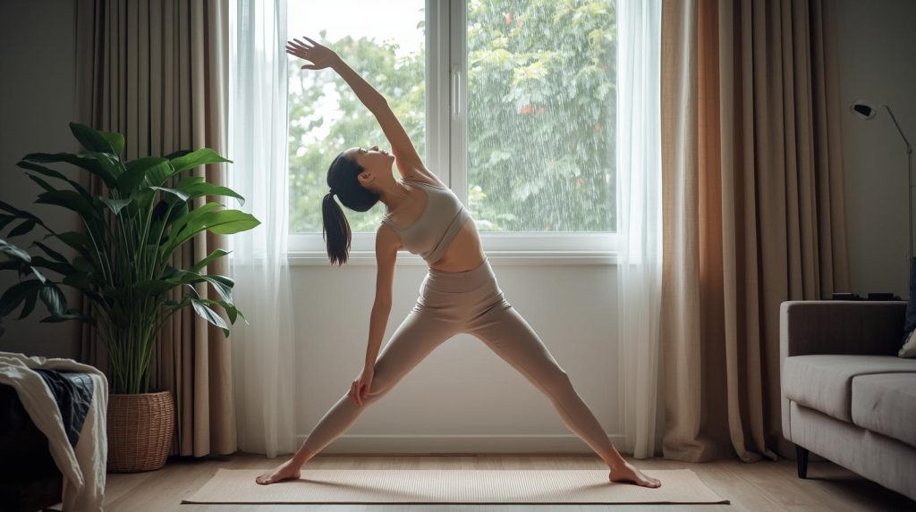 Potret seorang wanita yang sedang melakukan kegiatan yoga saat hujan turun. (Pict: AI-Rich)