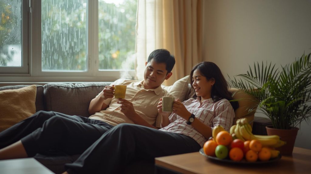 Ilustrasi sepasang pasutri yang menjaga tetap menjaga imun di saat hujan. (Pict: AI-Rich)