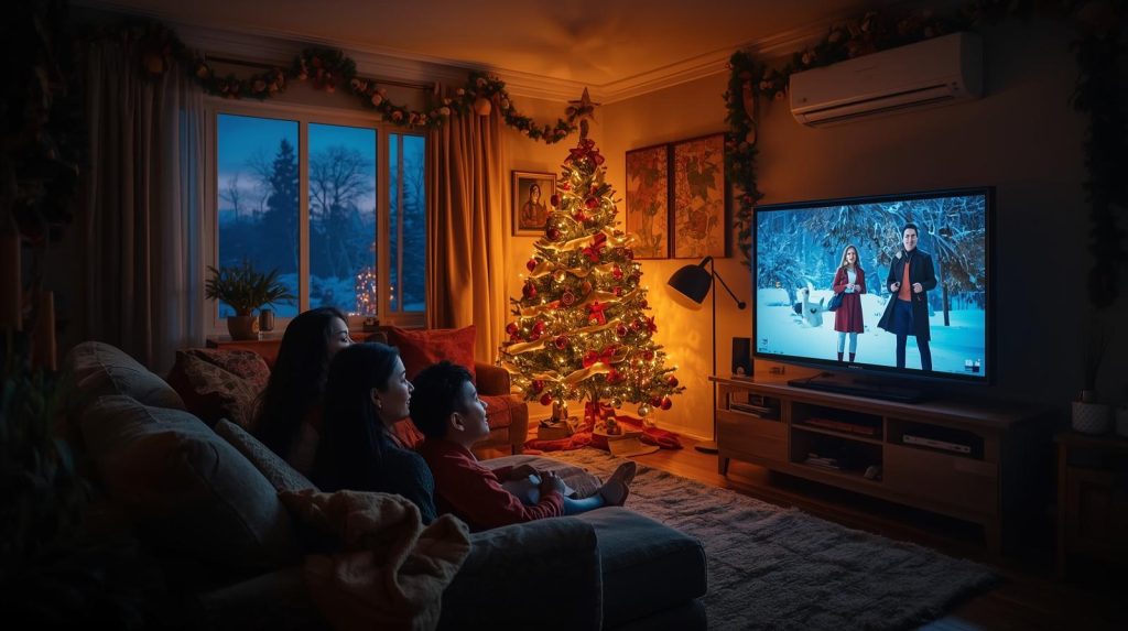 Rekomendasi Film dan Series di Natal Desember 2025 Ilustrasi keluarga yang sedang menonton film bertema natal di sebuah ruangan redup. (Pict: AI-Rich)