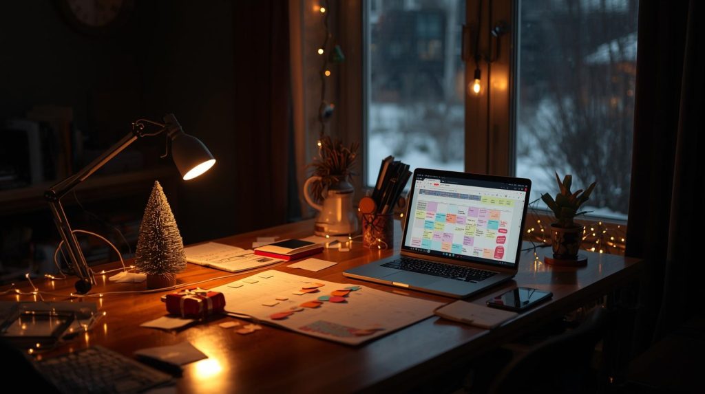 Ilustrasi meja seorang content creator yang sedang membuat kalender editorial untuk konten akhir tahunnya. (Pict: AI-Rich)