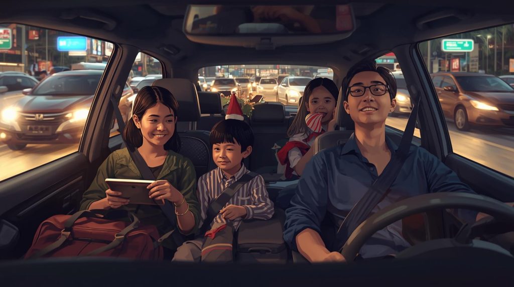 Ilustrasi keluarga yang terjebak macet saat liburan tahun baru. (Pict: AI-Rich)