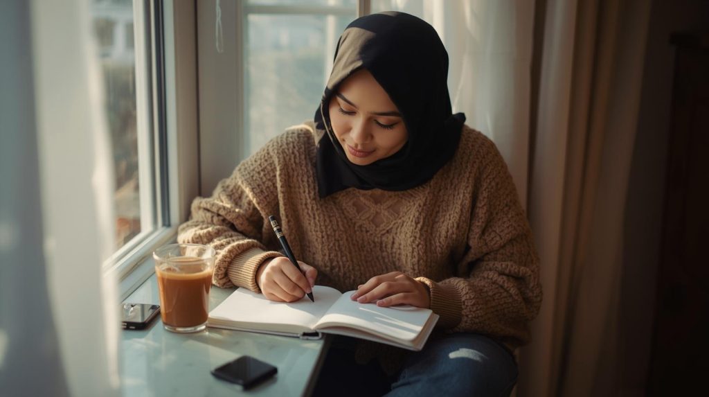 Potret seorang wanita yang mencurahkan tekanan hidupnya dalam sebuah buku catatan harian. (Pict: AI-Rich)