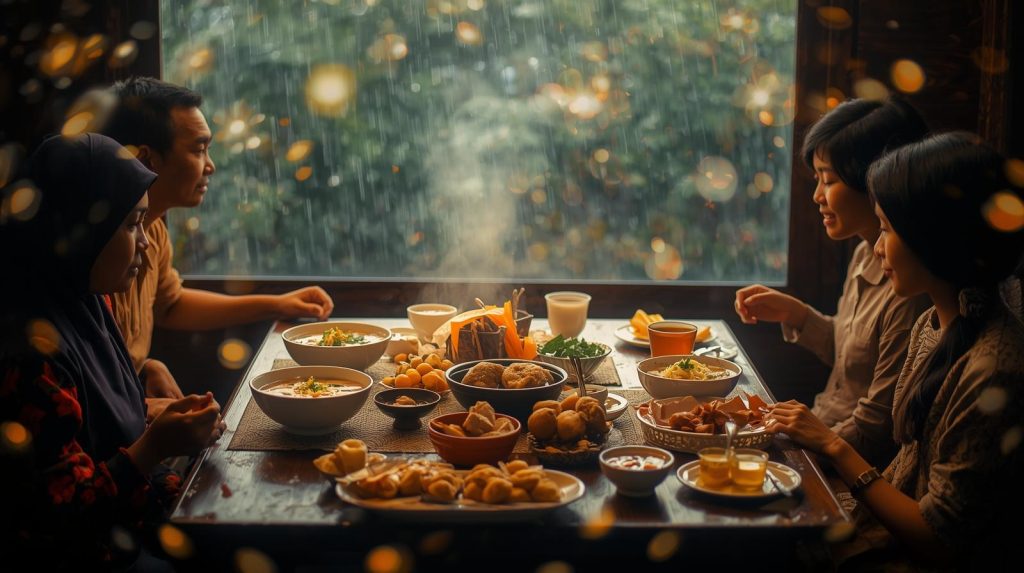 Ilustrasi keluarga yang sedang makan makanan hangat ditengah turunnya hujan. (Pict: AI-Rich)