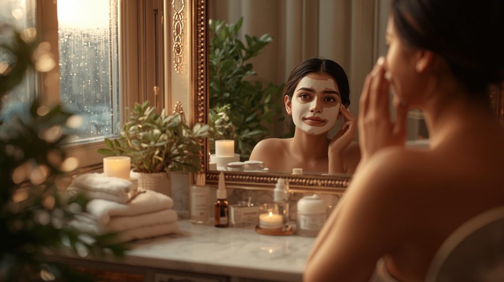 Potret seorang wanita yang sedang merawat diri di depan sebuah kaca. (Pict: AI-Rich)