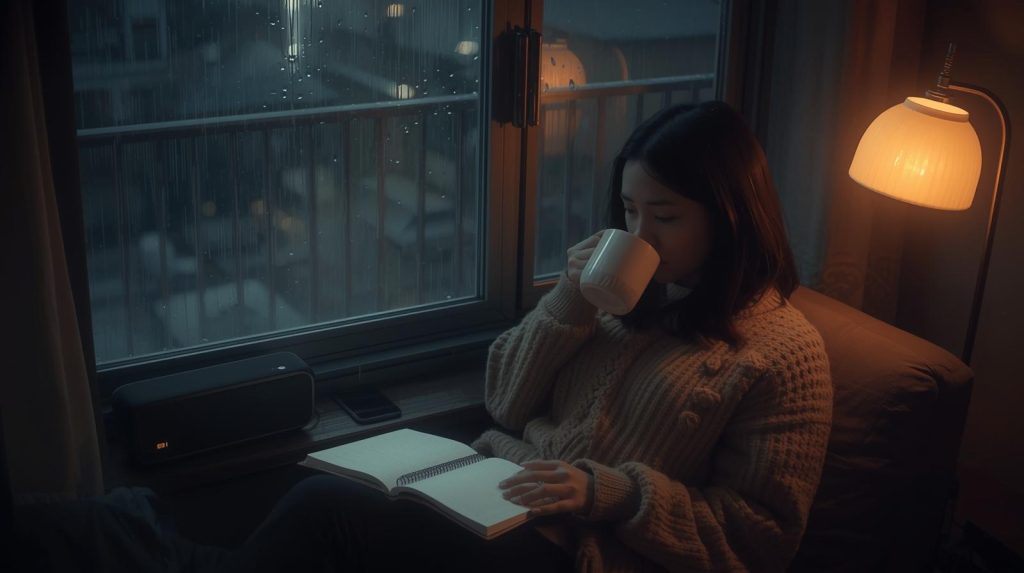 Playlist Hujan Desember: Musik Syahdu Temani Malam Ilustrasi seorang wanita yang sedang menikmati kopi sambil mendengarkan musik saat hujan. (Pict: AI-Rich)