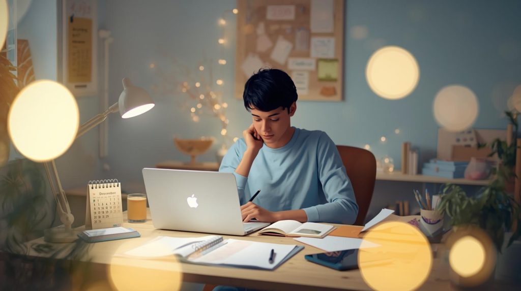 Potret seorang pemuda yang sedang review evaluasi karir menjelang Tahun Baru. (Pict: AI-Rich)