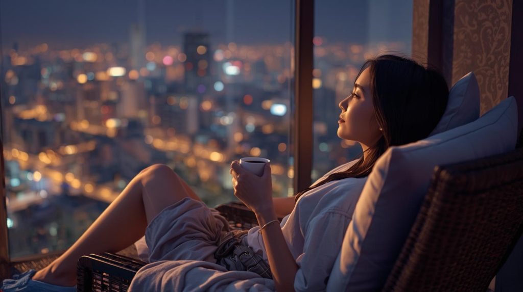 Ilsutrasi seorang wanita yang sedang menikmati statcation di kotanya sendiri. (Pict: AI-Rich)