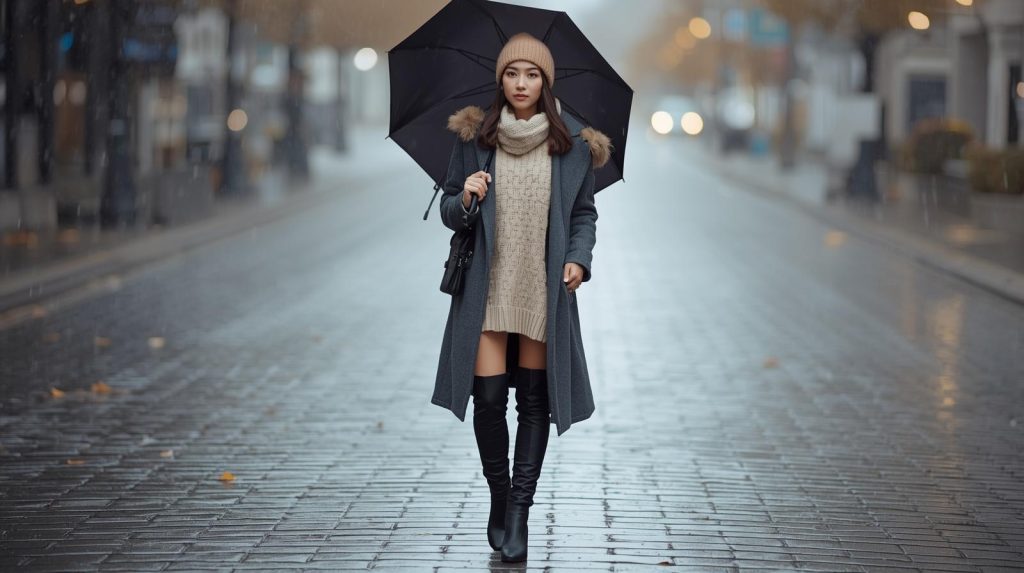Tren Fashion Akhir Tahun Outfit Hangat Stylish untuk Musim Hujan Potret seorang wanita yang berjalan saat hujan dengan gaya yang stylish. (Pict: AI-Rich)
