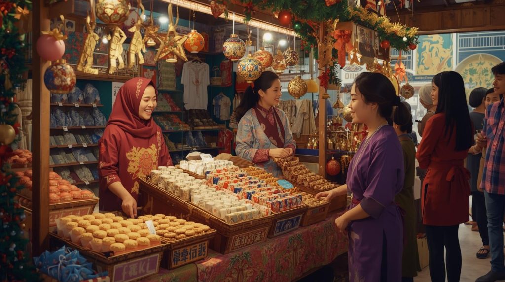 Ilustrasi sebuah pasar yang ramai pemebeli menjelang libur tahun baru. (Pict: AI-Rich)