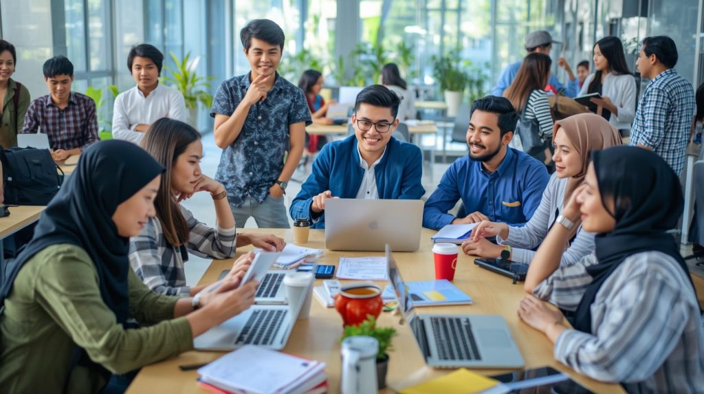Upgrade Skill Mahasiswa Menyambut Tahun Akademik Baru Ilustrasi para mahasiswa yang berdiskusi yang sedang upgrade skill. (Pict: AI-Rich)