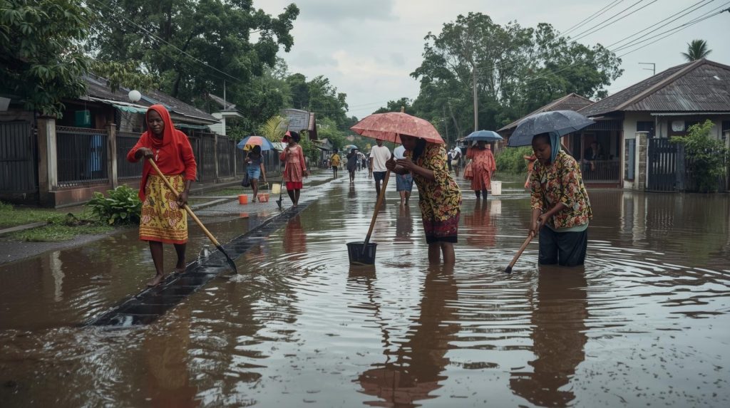 Waspada Banjir di Akhir Tahun Ilustrasi upaya para warga dan komunitas lokal dalam menanggulangi banjir. (Pict: AI-Rich)