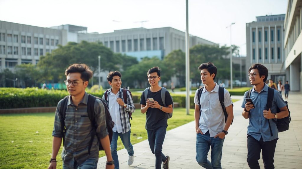 Potret sekelompok mahasiswa yang sedang menempuh jalan menuju sebuat kampus. (Pict: AI-Rich)