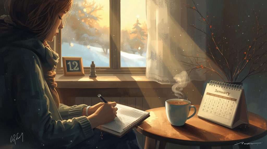 Ilustrasi ritual awal tahun, mebuat resolusi agar menjadi lebih baik. (Pict: AI-Rich)