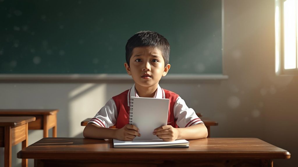 Awal Tahun, Masalah Lama di Dunia Pendidikan Potret seorang anak yang sedang belajar menghadapi masalah lama di setiap awal tahun. (Pict: AI-Rich)