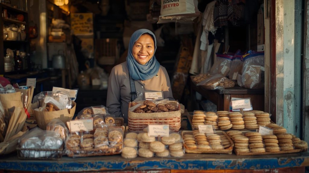Potret seorang ibu penjual kue dengan kisah yang menginpirasi. (Pict: AI-Rich)