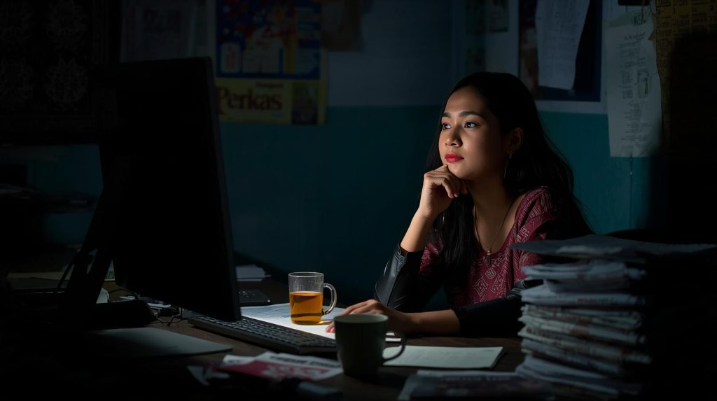 Catatan Media: Isu yang Perlu Dikawal di Awal Tahun Potret seorang jurnalis sebuah media yang sedang bekerja hingga larut malam. (PIct: AI-Rich)