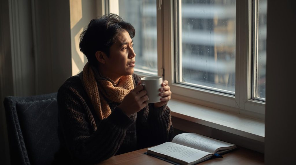 Januari dan Harapan Baru di Tengah Realita Potret seorang pria yang sedang duduk menghadap jendela sambil memegang segelas kopi. (Pict: AI-Rich)