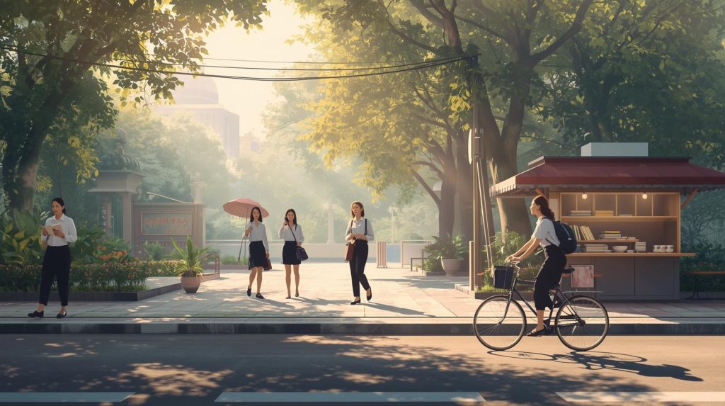 Januari sebagai Cermin Arah Bangsa Ilustrasi sebuah jalan raya di pagi hari dengan beberapa murid yang berangkat ke sekolah. (Pict: AI-Rich)