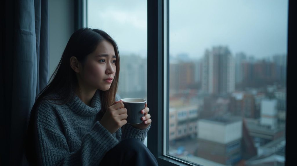 Potret seorang wanita yang merasa bulan Januari terasa lebih berat. (Pict: AI-Rich)