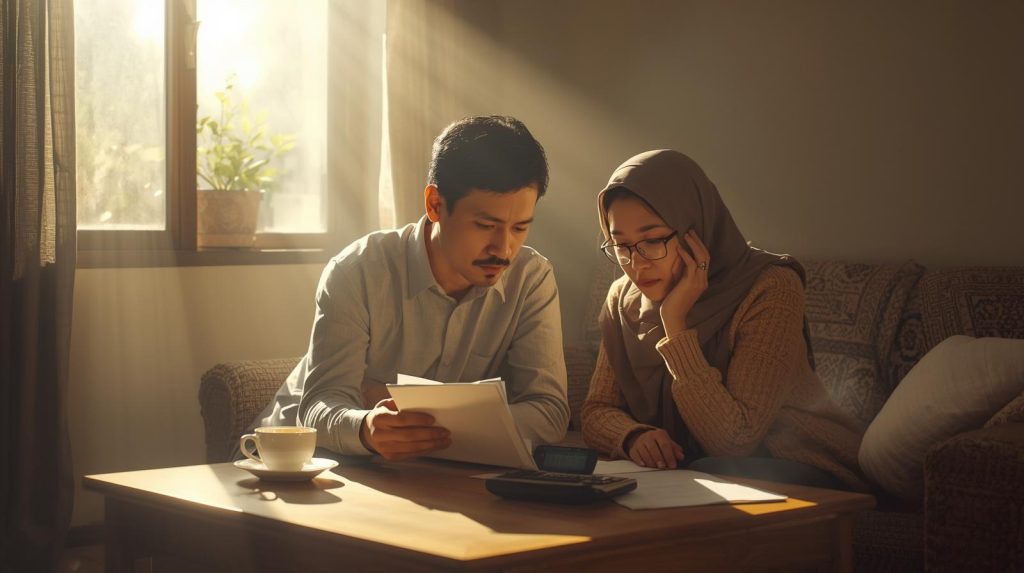 Refleksi Ekonomi Rumah Tangga Pasca Libur Panjang Ilsutrasi pasutri yang sedang bersidkusi soal perekonimian rumah tangga. (Pict: AI-Rich)